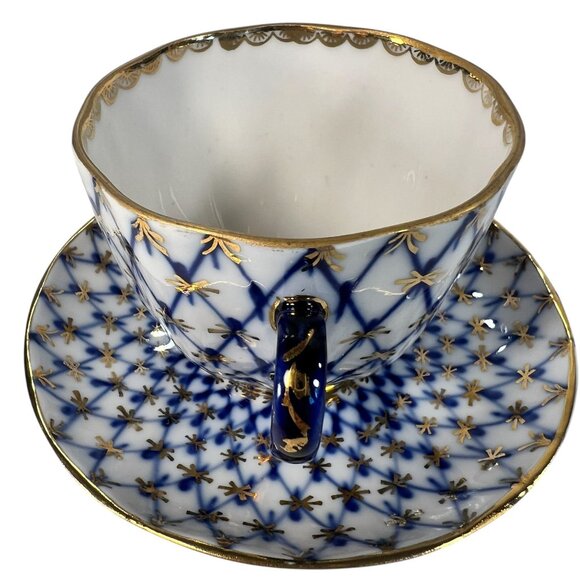 Vtg Lomonosov USSR Imperial Porcelain Teacup Coffee Saucer Cobalt Net Demitasse - Picture 1 of 8